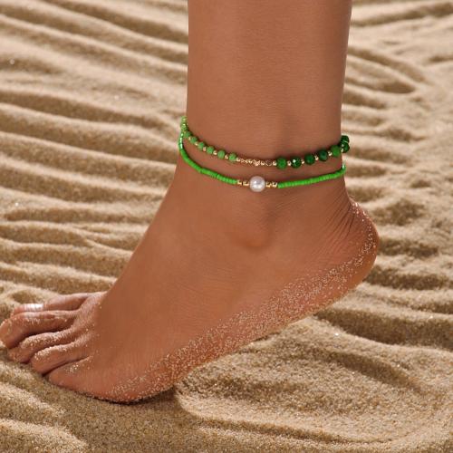 Fashion Jewelry Anklet, Seedbead, avec cristal & perle de plastique & fer, bijoux de mode, vert, 2PC/fixé, Vendu par fixé