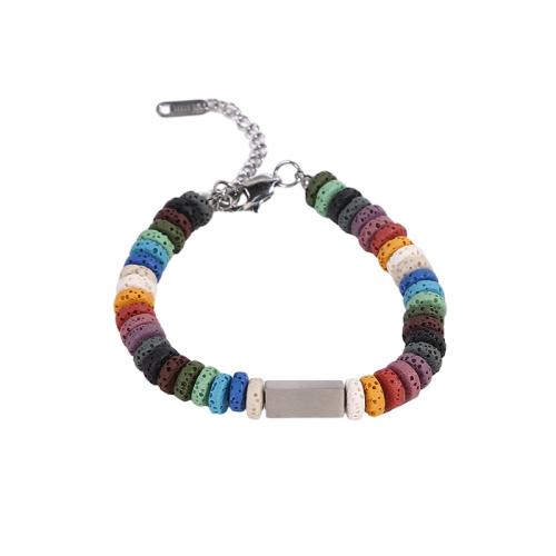 Edelstahl Schmuck Armband, 304 Edelstahl, mit elastischer Faden & Wachsschnur & Lava, mit Verlängerungskettchen von 5cm, unisex & verschiedene Stile für Wahl, farbenfroh, Länge 18 cm, verkauft von PC