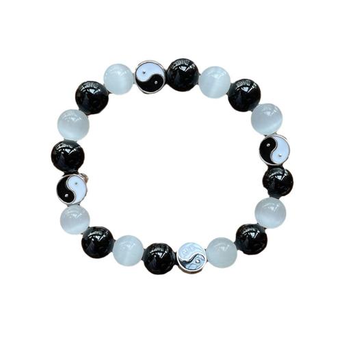 Bracelets de pierres précieuses, Acier inoxydable 304, avec Oeil de chat & agate rose & agate noire, poli, style différent d'emballage pour le choix & unisexe, plus de couleurs à choisir, Longueur 16 cm, Vendu par PC