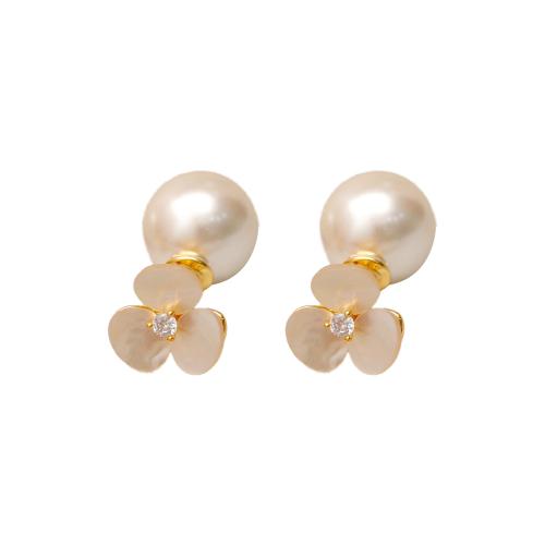 Cúbicos Circonia Pendiente Latón Micro pavimenta, metal, con Nácar & Perlas plásticas, Joyería & micro arcilla de zirconia cúbica & para mujer, Blanco, 11mm, Vendido por Par