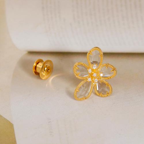 Cubic Zirconia Broche, metal, con Cristal, Flor, 18K chapado en oro, Joyería & micro arcilla de zirconia cúbica & para mujer, dorado, 26x20mm, Vendido por UD