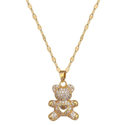 Stainless Steel Jewelry Necklace, 304 Stainless Steel Chain, with Brass, with 5cm extender chain, Bear, gold color plated, fashion jewelry & micro pave cubic zirconia & for woman, 15x23mm, Length 40 cm, Sold By PC