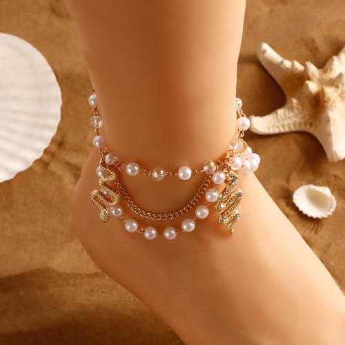 Sinc Alloy Anklet, le Pearl Plaisteacha, Nathair, dath an óir plated, multilayer & do bhean, bán, nicil, luaidhe & caidmiam saor in aisce, Díolta De réir PC