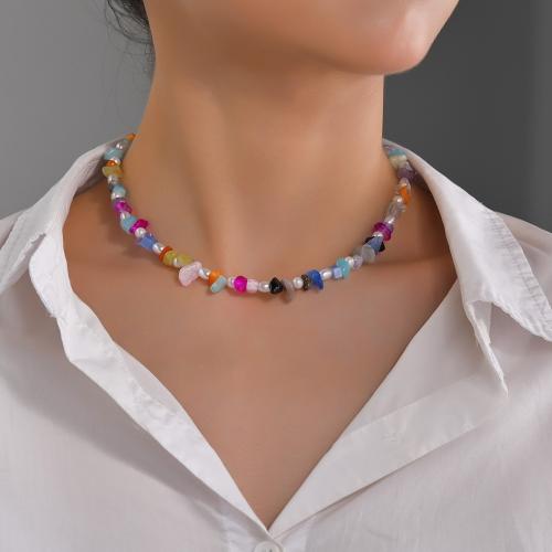 Gemstone Jewelry karoliai, Brangakmenis, su Plastikiniai Perlas & Geležies, su 7cm Extender grandinės, padengtą, Bižuterijos, multi-colored, Ilgis 38 cm, Pardavė PC