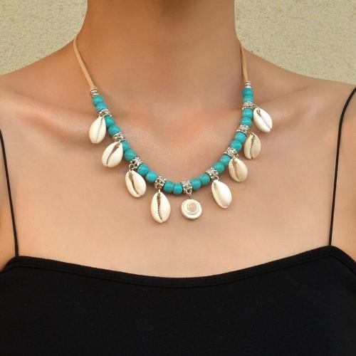 Fashion Turquoise Ketting, Katoenfluweel, met turkoois & Schelp & Ijzer, mode sieraden, gemengde kleuren, Lengte 67 cm, Verkocht door PC