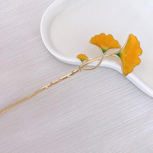 Hair Stick Zinc Alloy Ginkgo Leaf plated fashion jewelry & enamel yellow nickel lead & cadmium free Sold By PC