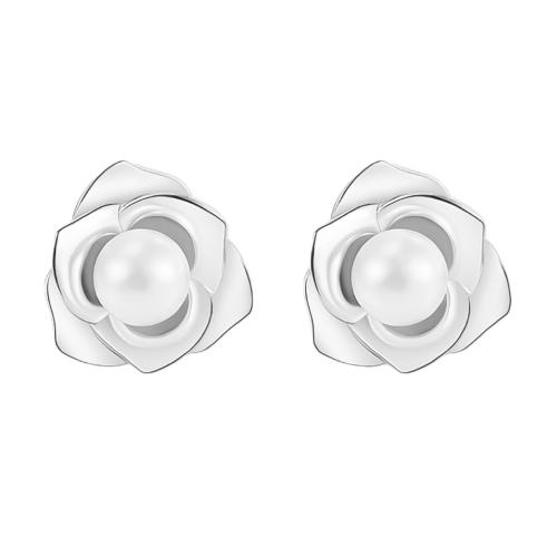 Sterling Silver Jewelry Earring, 925 Sterling Silver, le Shell Pearl, Camelia Coiteann, jewelry faisin & do bhean, 11x11mm, Díolta De réir Péire