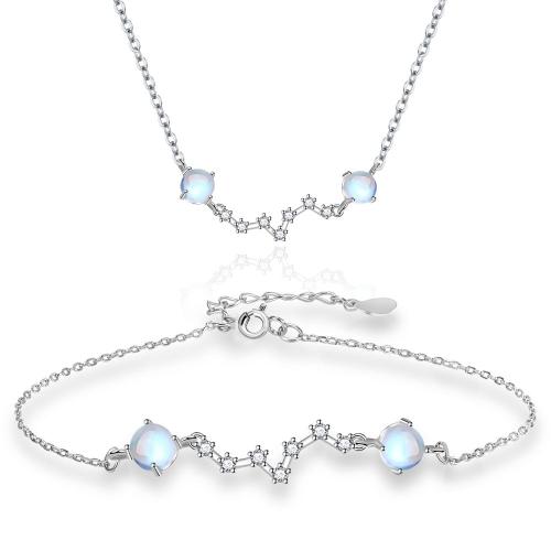 925 Sterling Silver Jewelry Set, Bracciale & Collana, 925 sterline d'argento, with Moonstone, with 5cm,3cm extender chain, gioielli di moda & Micro spianare cubic zirconia & per la donna, nessuno, Lunghezza Appross. 40 cm, Appross. 17 cm, Venduto da set