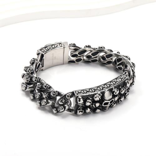 Bracciale gioielli in acciaio inossidabile, 304 acciaio inox, Teschio, stile punk & per l'uomo & Annerire, colore originale, 20mm, Lunghezza 24 cm, Venduto da PC