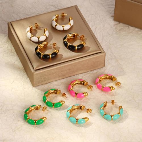 Stainless Steel Stud Earrings 304 Stainless Steel gold color plated for woman & enamel Sold By Pair