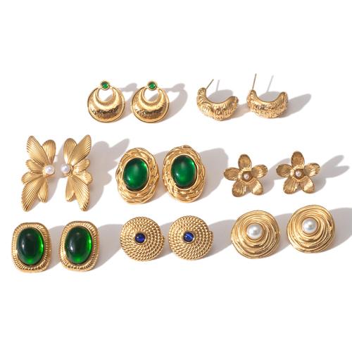 Roestvrij staal Stud Earrings, 304 roestvrij staal, met Agaat & Plastic Pearl, plated, verschillende stijlen voor de keuze & micro pave zirconia & voor vrouw, gouden, Verkocht door pair