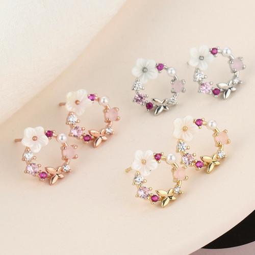 Messing Stud Earring, med Resin & Plastic Pearl, Flower, forgyldt, for kvinde & med rhinestone, flere farver til valg, 12mm, Solgt af par