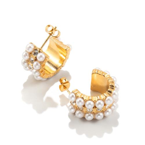 Roestvrij staal Stud Earrings, 304 roestvrij staal, met Plastic Pearl, plated, voor vrouw & met strass, meer kleuren voor de keuze, nikkel, lood en cadmium vrij, Verkocht door pair