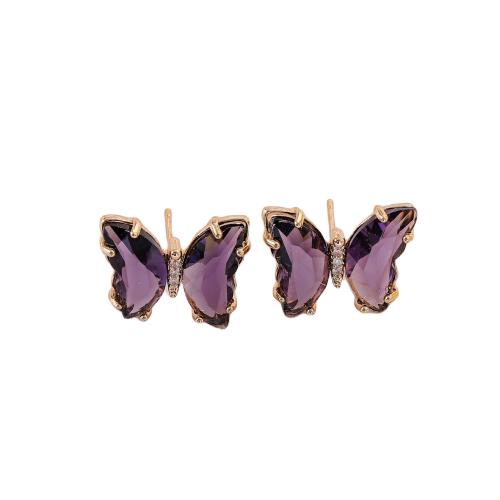 Latão Brinco, cobre, with vidro, Borboleta, banhado, joias de moda, roxo, níquel, chumbo e cádmio livre, 15x20mm, vendido por par