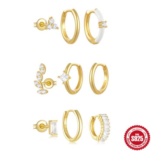 Pendientes de Micro Pavé de Zirconía Cúbica en Plata de Ley, plata de ley 925, tres piezas & diferentes estilos para la opción & micro arcilla de zirconia cúbica & para mujer & esmalte, más colores para la opción, Vendido por Set