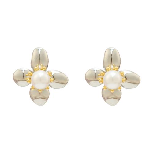 Prás Graí Earring, le Pearl Plaisteacha, Flower, 18K ór plátáilte, jewelry faisin & do bhean, airgid, 25x23mm, Díolta De réir Péire