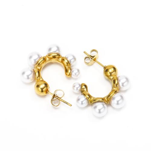 Cruach dhosmálta Graí Earrings, 304 Cruach dhosmálta, le Pearl Plaisteacha, jewelry faisin & do bhean, 22x21mm, Díolta De réir Péire