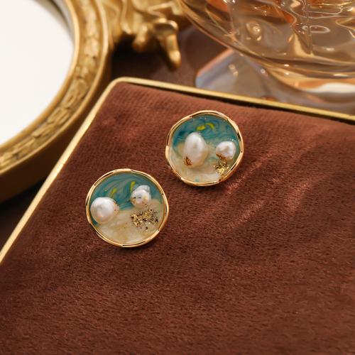 Freshwater Pearl Earrings Brass with Freshwater Pearl Round gold color plated for woman & enamel mixed colors nickel lead & cadmium free Sold By Pair