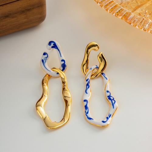 Pendientes de Gota en Latón, metal, Irregular, chapado en color dorado, para mujer & esmalte, azul, libre de níquel, plomo & cadmio, 19.20x55.70mm, Vendido por Par