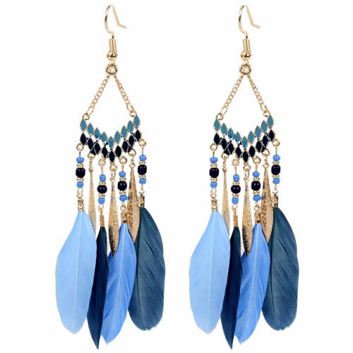 Mode Feather Earring, Zinc Alloy, met Veer, voor vrouw, meer kleuren voor de keuze, 130x28mm, Verkocht door pair