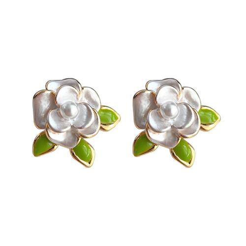 Mässing Stud Örhänge, med Plast Pearl, Blomma, mode smycken & för kvinna & emalj, vit, 14x14mm, Säljs av Par