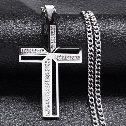 Stainless Steel smycken halsband, 304 rostfritt stål, Cross, för människan & med strass, silver, 46x31mm, Längd Ca 60 cm, Säljs av PC