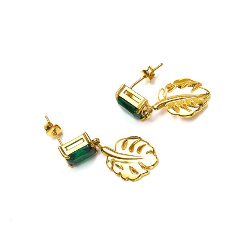 Cruach dhosmálta Buail Earring, 304 Cruach dhosmálta, le Ciúbach Zirconia, Leaf, jewelry faisin & do bhean, órga, 12x28mm, Díolta De réir Péire