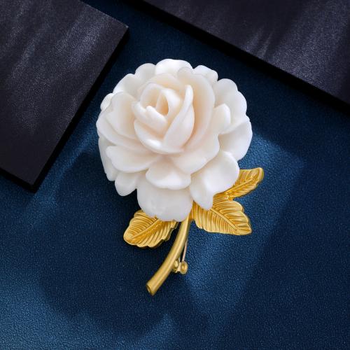 Vidro broche de pérolas, cobre, with vidro, Rose, cromado de cor dourada, para mulher, branco, níquel, chumbo e cádmio livre, 53x72mm, vendido por PC