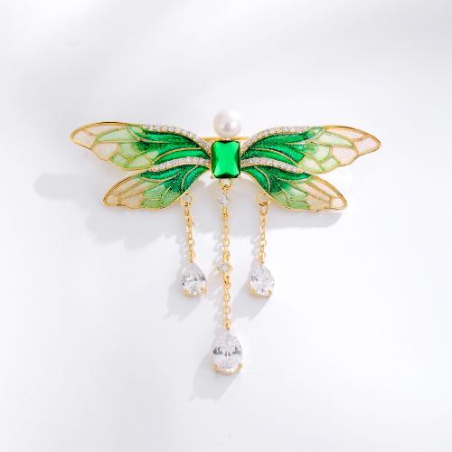 Zirkoon Broche, Messing, met Cubic Zirconia, Dragonfly, gold plated, voor vrouw, groen, nikkel, lood en cadmium vrij, 65x58mm, Verkocht door PC