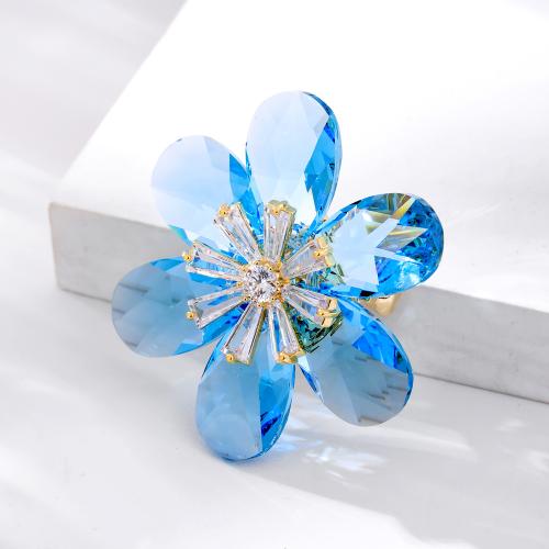 Cubic Zirconia Broche, metal, con Vidrio, Flor, chapado en color dorado, micro arcilla de zirconia cúbica & para mujer, azul, libre de níquel, plomo & cadmio, 44x44mm, Vendido por UD