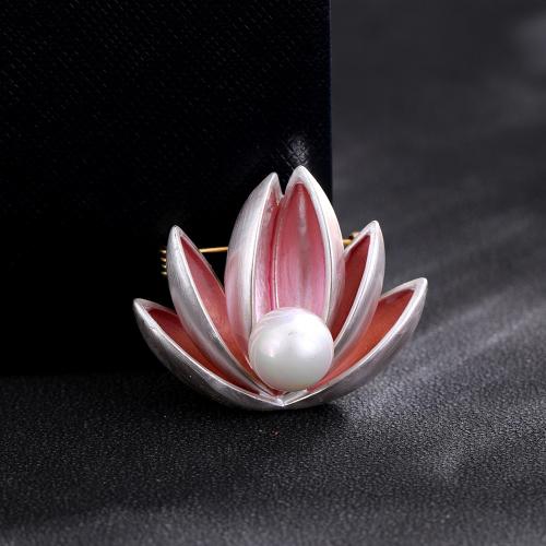 Kunststof Pearl Brooch, Messing, met Plastic Pearl, Bloem, gold plated, voor vrouw & glazuur, roze, nikkel, lood en cadmium vrij, 35x28mm, Verkocht door PC