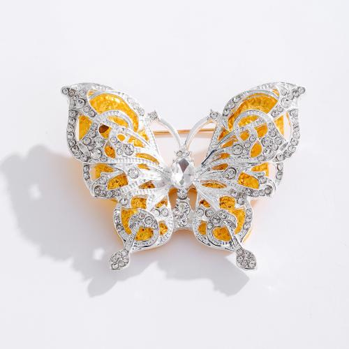 Cubic Zirconia Broche, metal, con cúbica circonia, Mariposa, chapado en color de plata, Doble capa & para mujer & esmalte, amarillo, libre de níquel, plomo & cadmio, 60x45mm, Vendido por UD