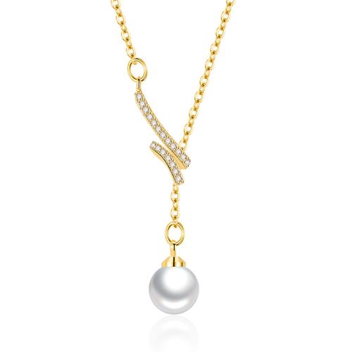 Kubieke Zirkoon Micro Pave Brass Ketting, Messing, met Plastic Pearl, met 5CM extender keten, plated, micro pave zirconia & voor vrouw, gouden, Lengte Ca 40 cm, Verkocht door PC