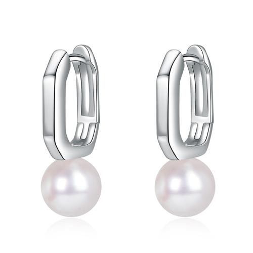 Messing Spring hoop oorbellen, met Plastic Pearl, plated, voor vrouw, platina kleur, 22x13mm, Verkocht door pair