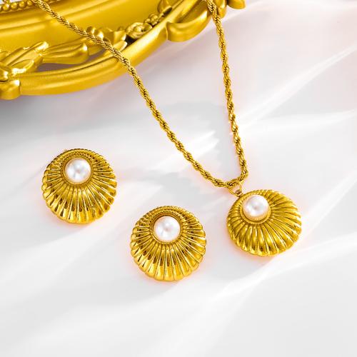 Sets de Joyas, Partículas de acero, con Perlas plásticas, con 5cm extender cadena, 18K chapado en oro, Joyería & diferentes estilos para la opción & para mujer, dorado, longitud aproximado 40 cm, Vendido por UD