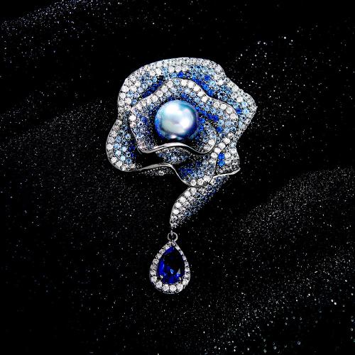 Cubic Zirconia Spilla, ottone, with cubico zircone & perla d'acquadolce coltivata naturalmente, Fiore, placcato color argento, per la donna, nessuno, assenza di nichel,piombo&cadmio, 34x52mm, Venduto da PC