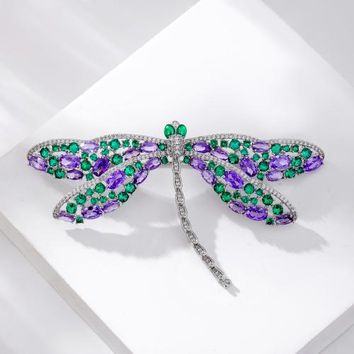 Cubic Zirconia Broche, Messing, med Cubic Zirconia, Dragonfly, sølvfarvet forgyldt, for kvinde, lilla, nikkel, bly & cadmium fri, 84x54mm, Solgt af PC