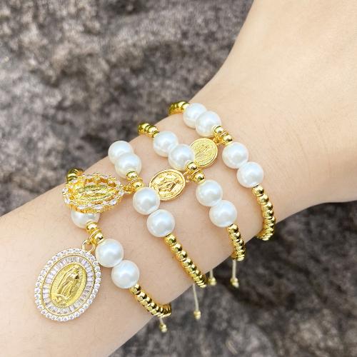 Cubic Zirconia Micro Pave Brass Bracelet with Plastic Pearl gold color plated fashion jewelry & micro pave cubic zirconia golden nickel lead & cadmium free Sold By PC