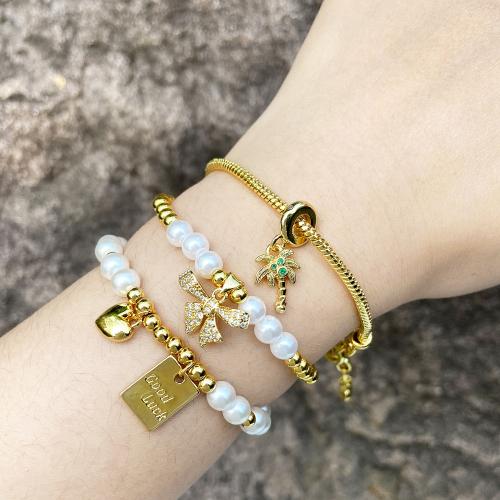 Cubic Zirconia Micro Pave Brass Bracelet with Plastic Pearl plated fashion jewelry & micro pave cubic zirconia golden nickel lead & cadmium free Sold By PC