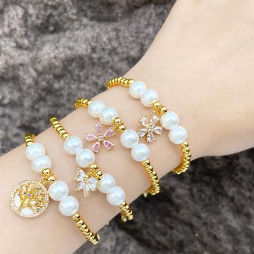 Bracelet cubique en laiton zircon pavent, avec corde en nylon & perle de plastique, Placage de couleur d'or, bijoux de mode & modèles différents pour le choix & pavé de micro zircon, doré, protéger l'environnement, sans nickel, plomb et cadmium, Vendu par PC