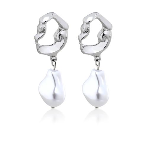 Zinklegering oorknoppen, Zinc Alloy, met Plastic Pearl, mode sieraden & voor vrouw & hol, zilver, 52x19mm, Verkocht door pair