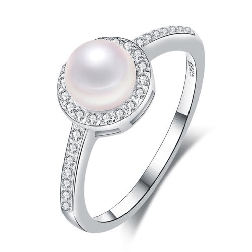 Cubic Zirconia micr3ofono pavimenta anillos de plata esterlina, Plata de ley 925, con Perlas cultivadas de agua dulce, Joyería & diverso tamaño para la opción & micro arcilla de zirconia cúbica & para mujer, Vendido por UD