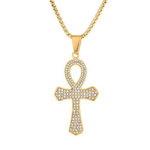 Roestvrij staal Cross Hangers, 316 Roestvrij staal, Oversteken, mode sieraden & uniseks & met strass, gouden, 29x54mm, Verkocht door PC