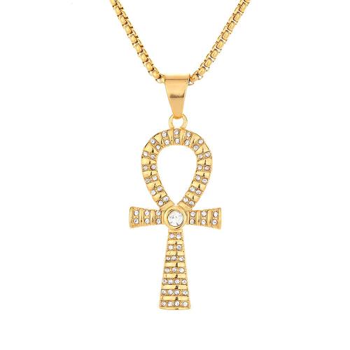 Pendants Cruach Cross dhosmálta, 316 Cruach dhosmálta, jewelry faisin & unisex & le rhinestone, órga, 25x54mm, Díolta De réir PC