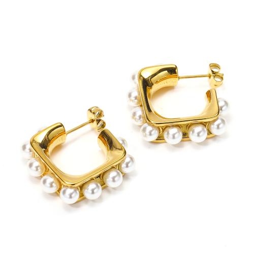 Roestvrij staal Stud Earrings, 304 roestvrij staal, met Plastic Pearl, mode sieraden & voor vrouw, gouden, 25x26mm, Verkocht door pair