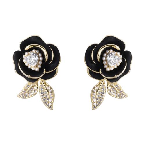 Boucles d'oreilles en laiton zircon cubique pavent, fleur, Placage, bijoux de mode & pavé de micro zircon, plus de couleurs à choisir, protéger l'environnement, sans nickel, plomb et cadmium, 24mm, Vendu par paire