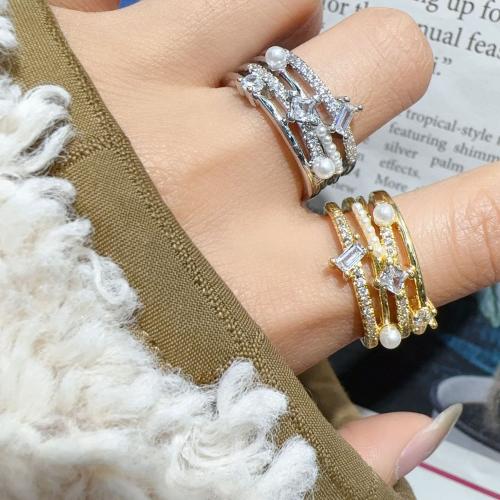 Cubic Zircon Brass Finger Ring with Cubic Zirconia & Plastic Pearl plated fashion jewelry & for woman nickel lead & cadmium free Inner Approx 18mm Sold By PC