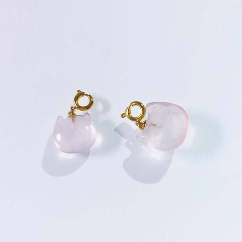 Természetes Quartz Medálok, Rose Quartz, -val Sárgaréz, Macska, DIY, rózsaszín, 12mm, Által értékesített PC