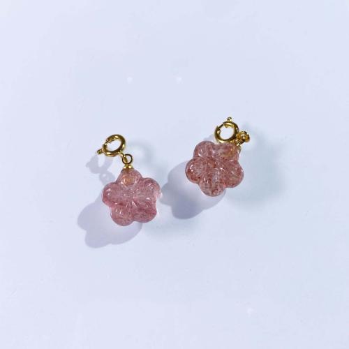 Natuurlijke Quartz Hangers, Strawberry Quartz, met Messing, Bloem, DIY, roze, 12mm, Verkocht door PC