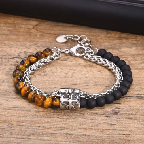 Stainless Steel smycken Armband, 304 rostfritt stål, med turkos & Tiger Eye & Agat, polerad, olika material för val & Unisex, fler färger för val, Säljs av PC